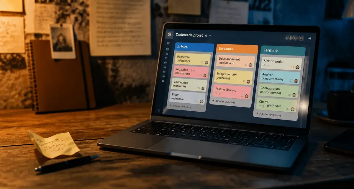 Kanban en ligne sur ordinateur portable : colonnes À faire, En cours, Terminé