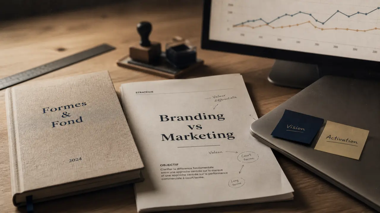 Marketing branding : identité claire sur table de travail, cahier branding et graphique