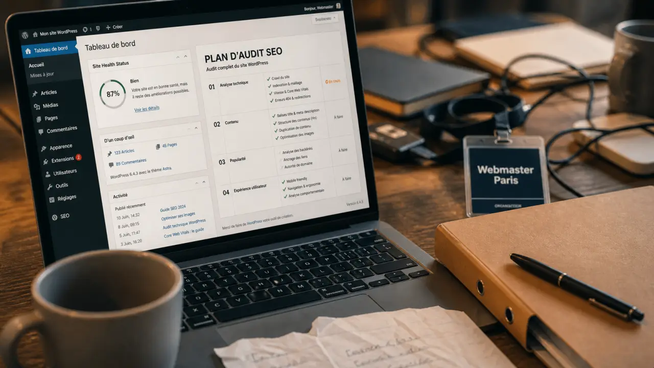 webmaster wordpress paris : audit SEO sur ordinateur en bureau à Paris
