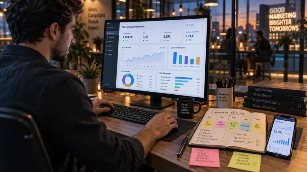 Chargé de marketing digital : KPI, ROI et analytics sur écran