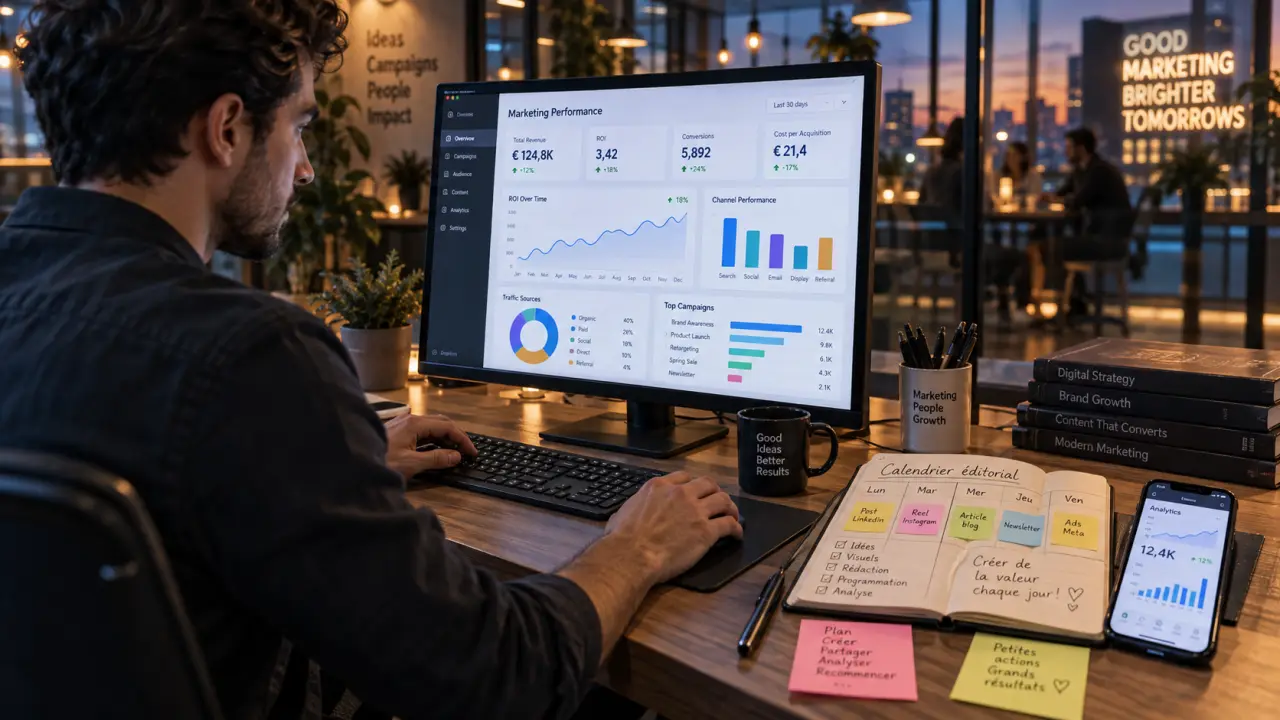 Chargé de marketing digital : KPI, ROI et analytics sur écran