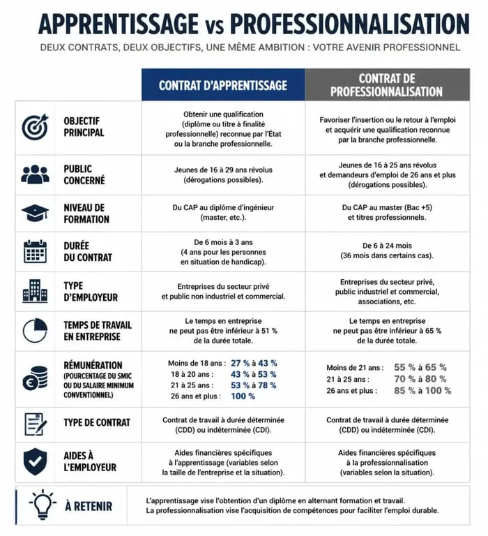 Comparatif contrat d'apprentissage et contrat de professionnalisation pour développeur web en alternance