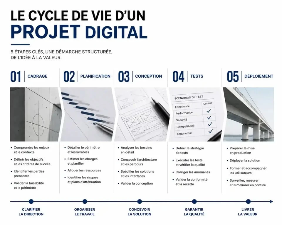 Schéma des 5 étapes de la gestion de projet digital