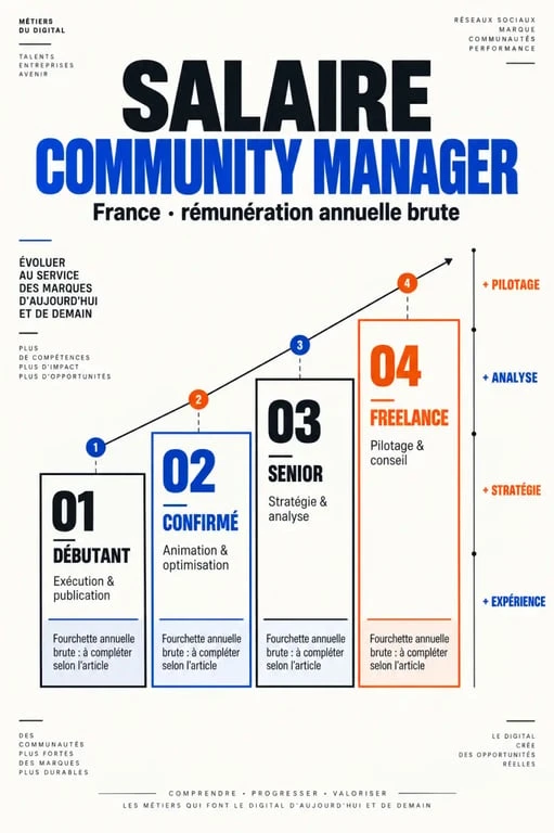 Infographie sur le salaire community manager selon l’expérience et le statut