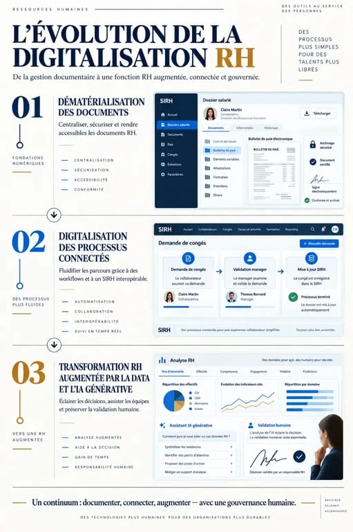 Infographie sur l'évolution du digital ressources humaines, de la dématérialisation à l'intelligence artificielle