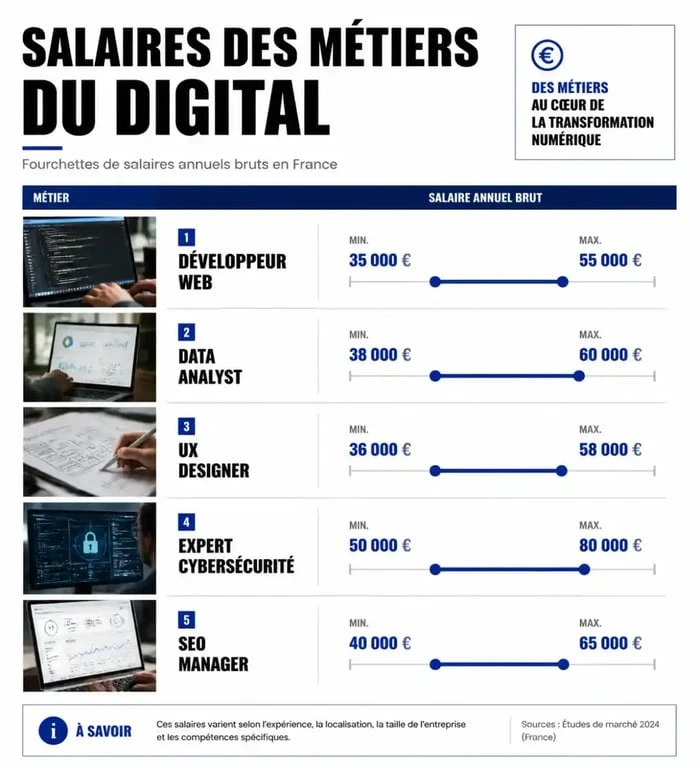 Infographie des salaires moyens par métier du digital en France