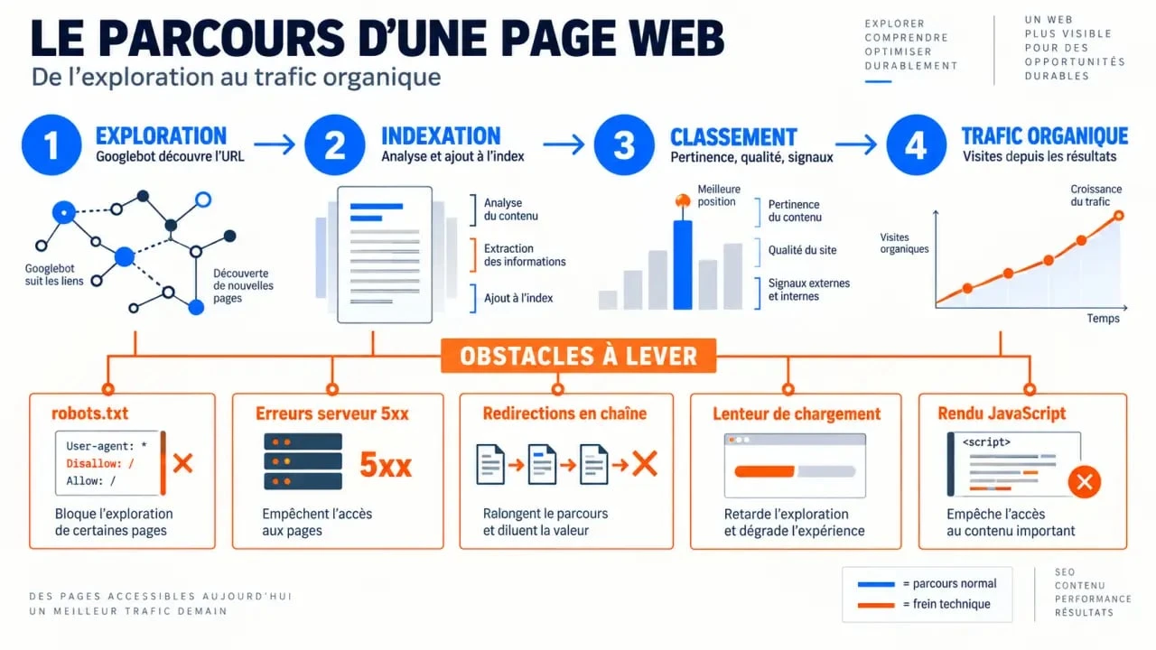 Schéma du rôle d’un consultant SEO technique dans le parcours crawl, indexation et trafic organique
