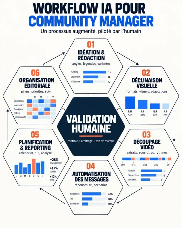 Infographie sur les usages d’un outil ia cm dans le workflow d’un community manager