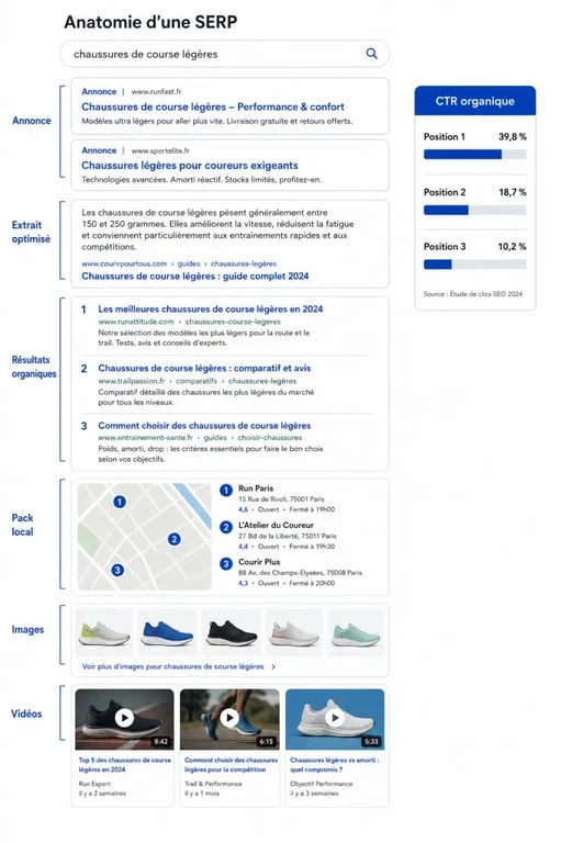 Positionnement SERP : schéma éditorial d’une page de résultats Google avec les CTR des premières positions