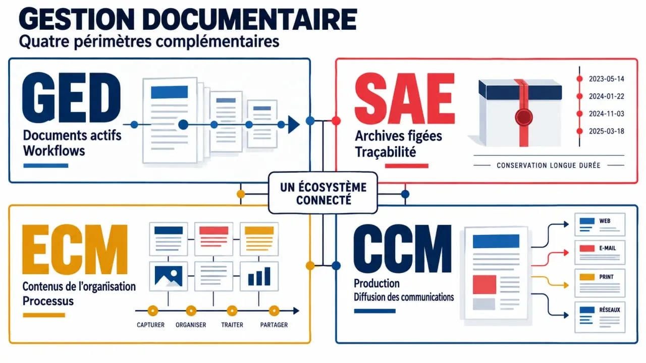 Gestion document entreprise : différence entre GED, SAE, ECM et CCM