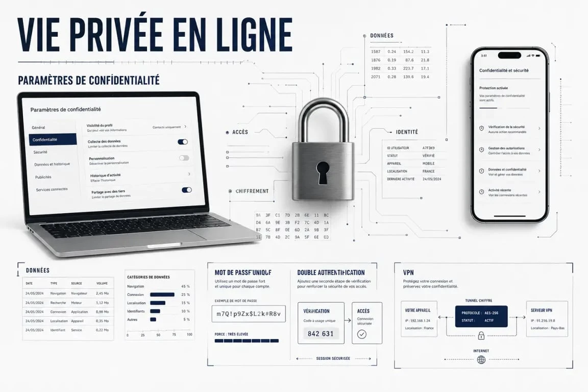 Protéger sa vie privée en ligne : visuel éditorial sur les réglages clés, les mots de passe, la double authentification et le VPN