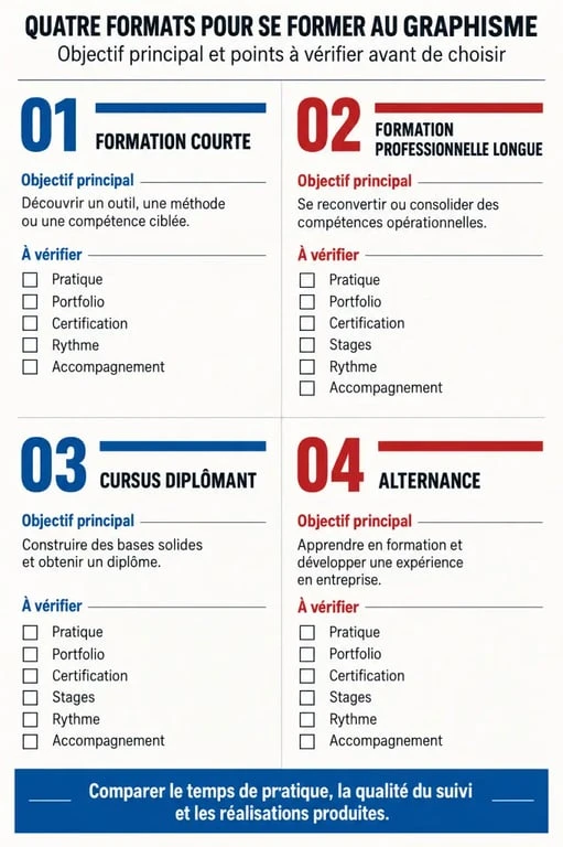 Infographie des différents formats de formations graphisme et de leurs critères de choix