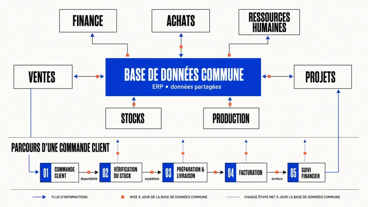 Schéma du fonctionnement d’un ERP entreprise avec base de données commune et modules interconnectés