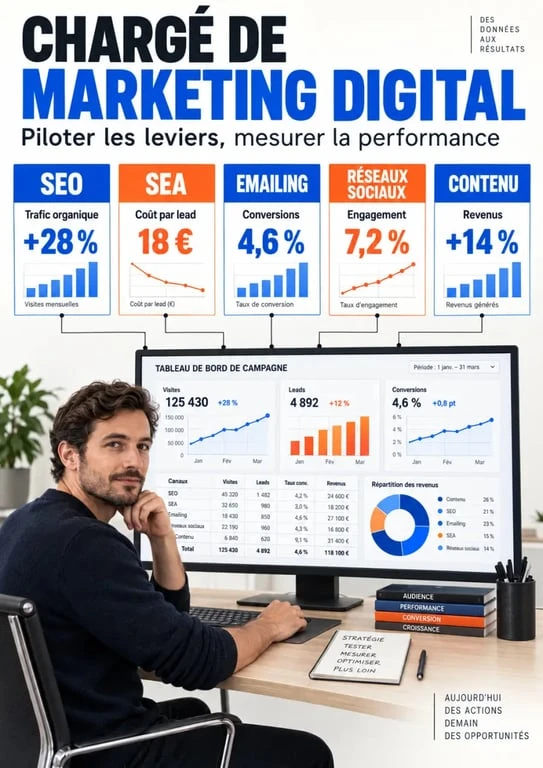 Infographie du métier de chargé de marketing digital, ses leviers et ses indicateurs