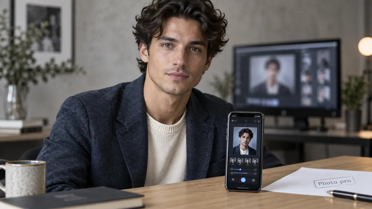 Ia photo professionnelle gratuit : portrait IA sur bureau