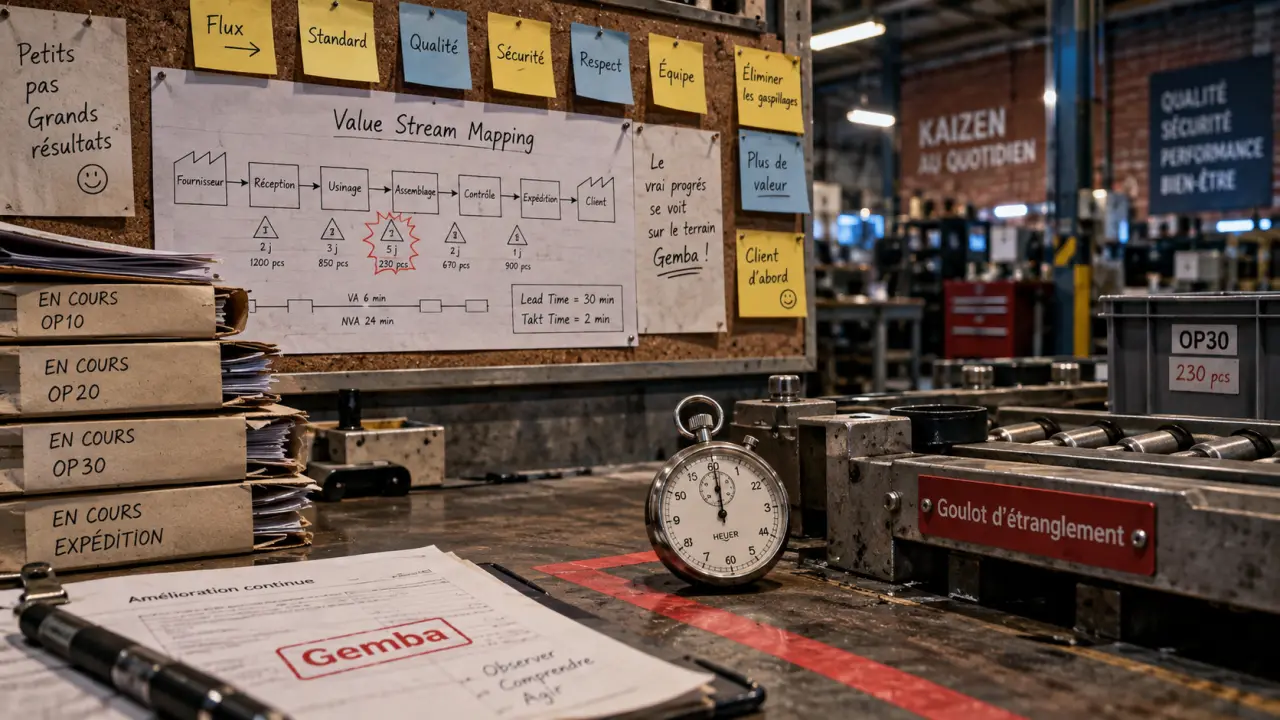 Lean management outils : goulot et flux visibles sur Value Stream Mapping, atelier
